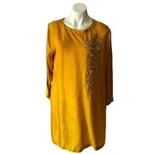 Indian Mustard Yellow Embroidered Rhinestone & Pearl Studded Tunic Size Large
